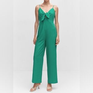 NWT Mango MNG Simona Bow Front Linen Blend Green Jumpsuit Size Medium